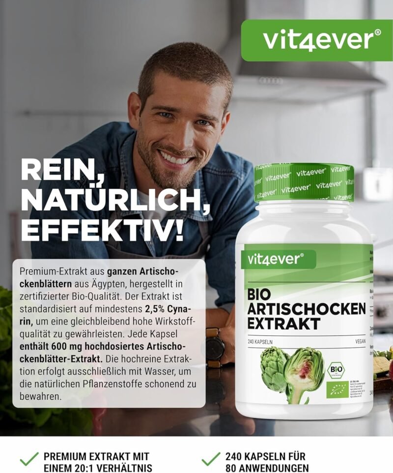 240 Kapseln Bio Artischocken Extrakt 1800 mg 2,5% Cynarin vegan Vit4ever