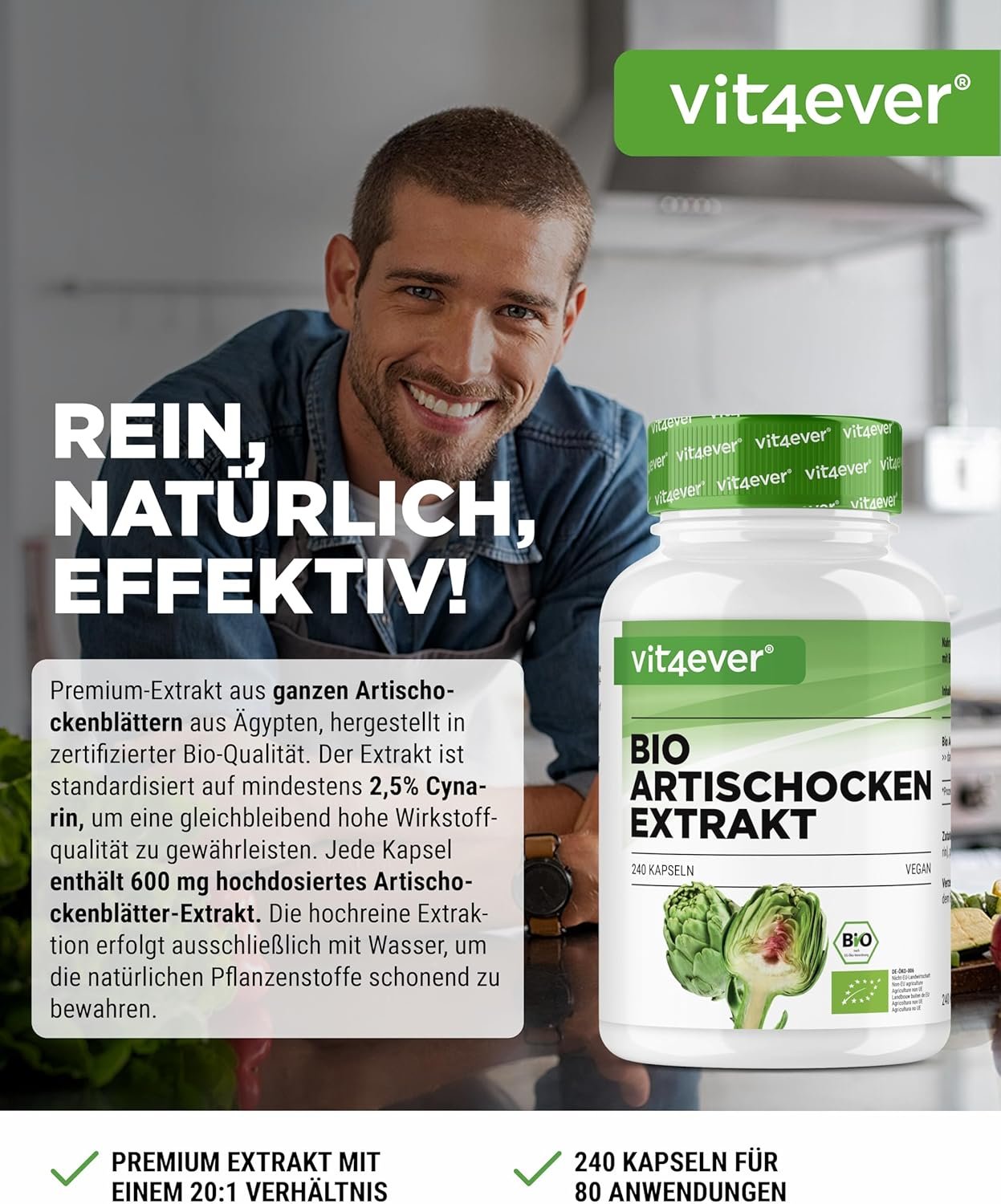 240 Kapseln Bio Artischocken Extrakt 1800 mg 2,5% Cynarin vegan Vit4ever
