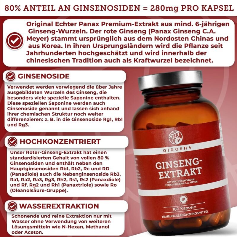 180 Ginseng Kapseln hochdosiert mit 80 % Ginsenosiden im Apothekerglas | QIDOSHA