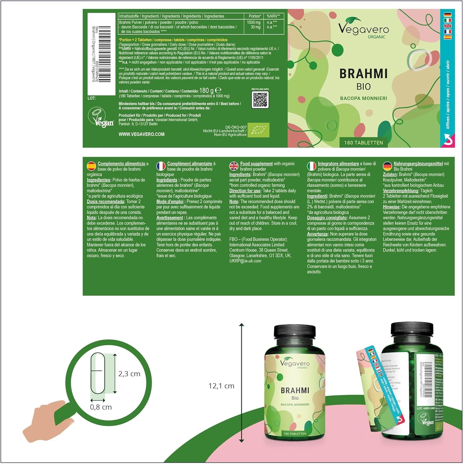 91GrfZIHhsL._AC_SL1500_ 180 Tabletten Brahmi Bio hochdosiert 1500 mg Bacopa monnieri Vegavero®