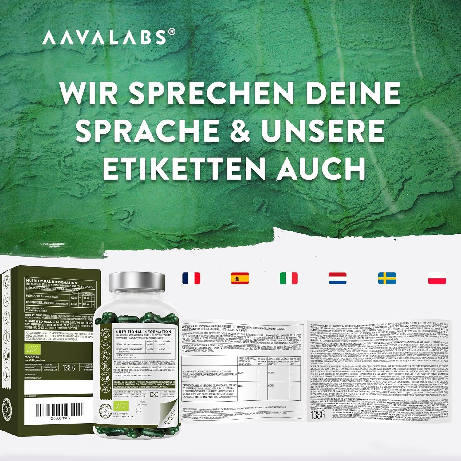 91t92JaFcJL._AC_SL1500_ 200 Spirulina chlorella kapseln bio hochdosiert 1800mg | AAVALABS