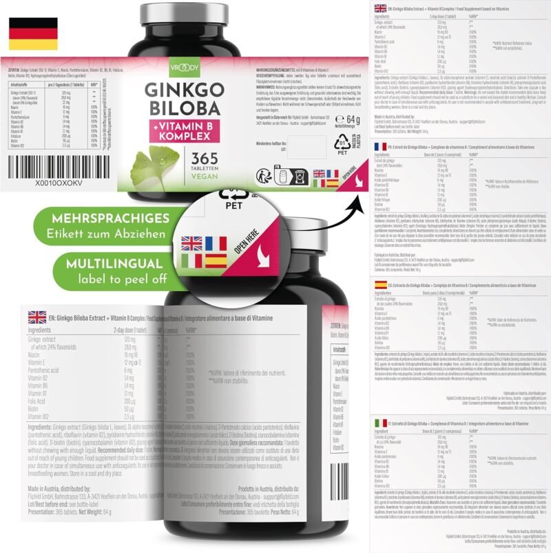 365 ginkgo biloba tabletten – 6000 mg pro Tablette – Mit B-Vitamin Komplex – Laborgeprüft