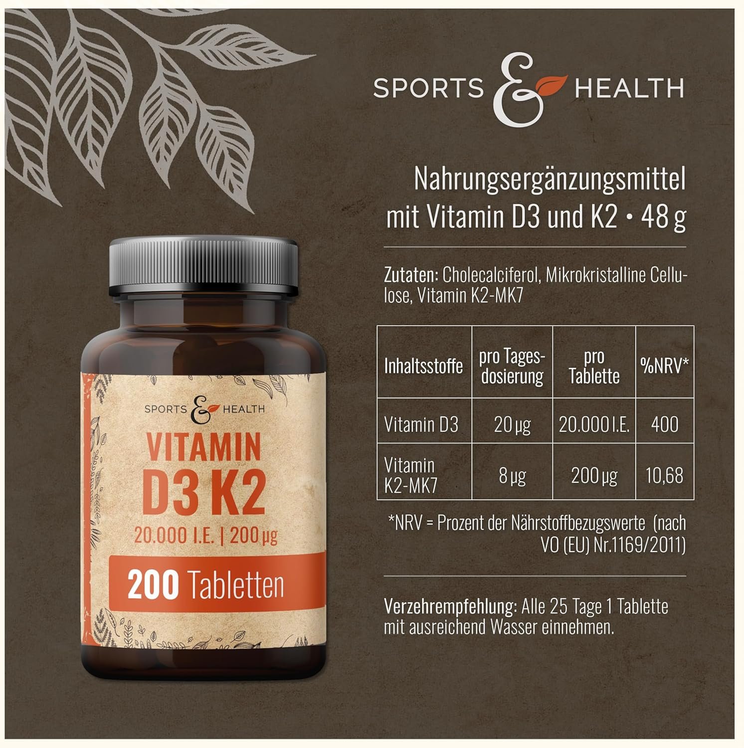 200 Tabletten Vitamin D3 K2 Tabletten 20.000 IE D3 200 µg K2-MK7 hochdosiert