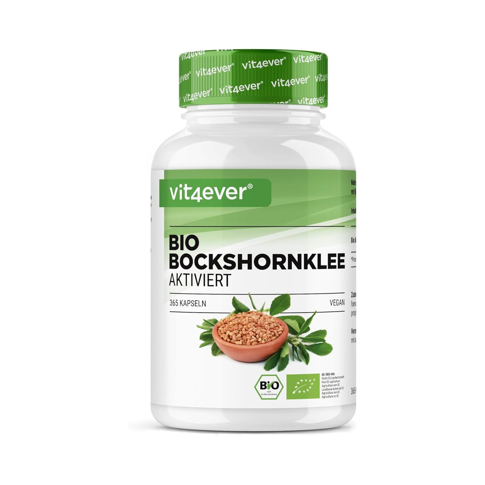 Bio Bockshornklee Aktiviert - 365 Kapseln - Hochdosiert mit 2600mg je Tagesdosis (650mg je Kapsel) 365 vegane bio bockshornklee aktiviert kapseln von Vit4ever, 2600 mg pro Tagesdosis, fenugreek bio zertifiziert, hochdosiert und laborgeprüft.