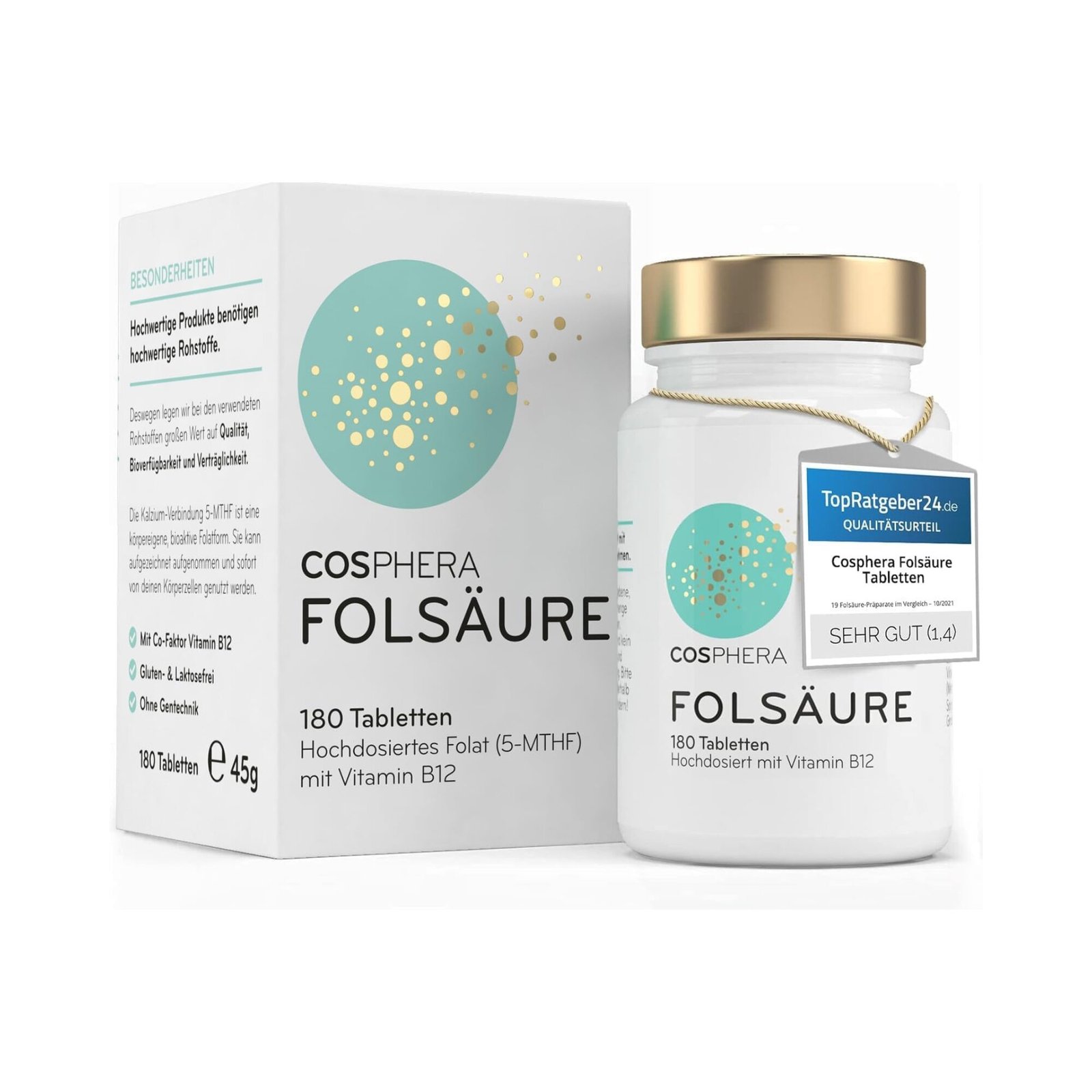 Folsäure Tabletten - Hochdosiert mit 800 μg Folat und 25 μg 180 Tabletten Folsäure Tabletten 800 μg Folat & 25 μg Vitamin B12 vegan Cosphera