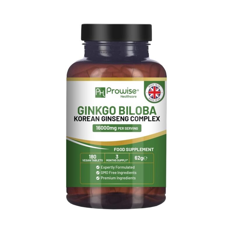 180 ginkgo biloba koreanischer ginseng tabletten – 16000 mg – Vegan – Made in Großbritannien