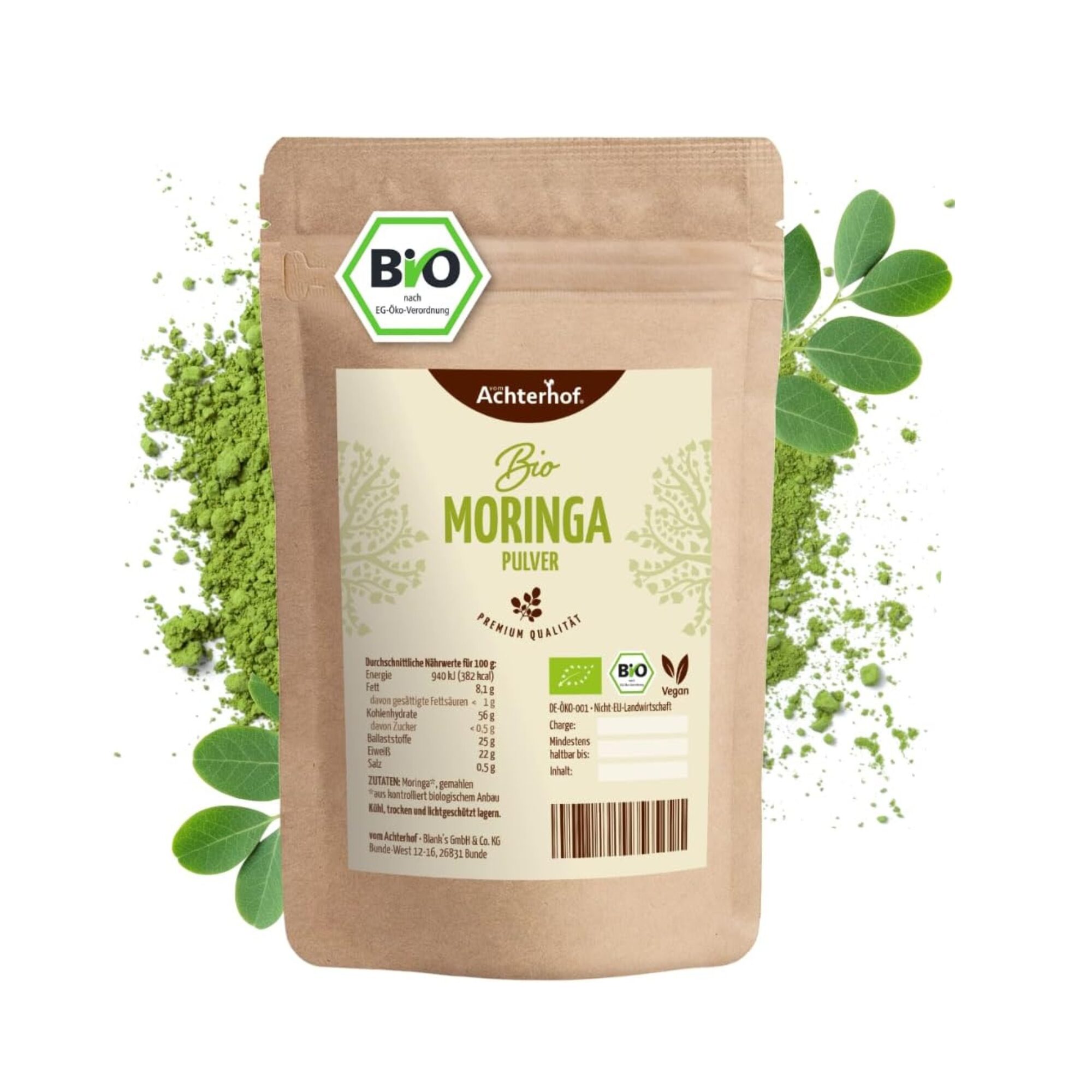 moringa pulver bio 500g reines blattpulver ohne zusätze achterhof