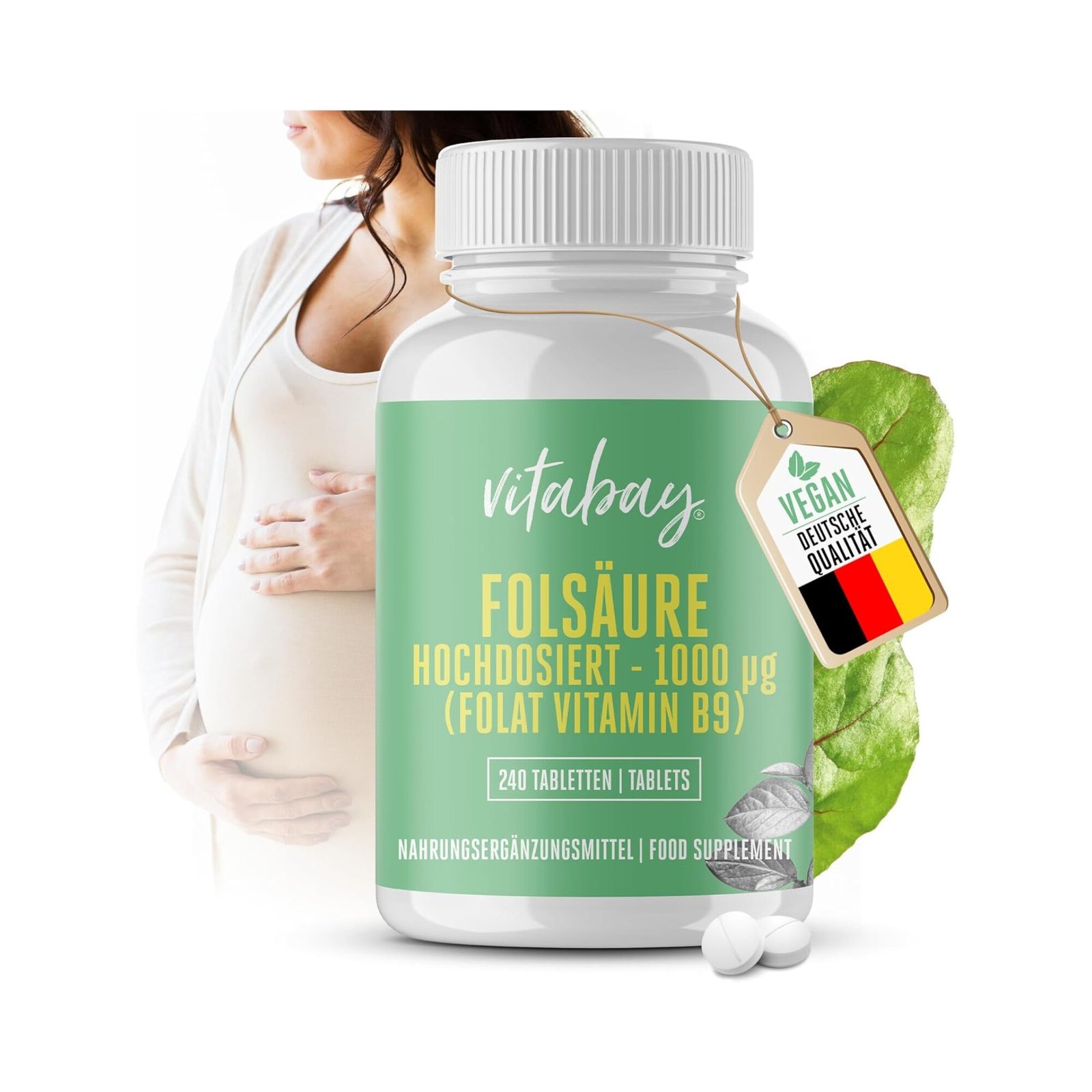 240 Tabletten Folsäure Tabletten Hochdosiert 1000 mcg vegan Vitabay
