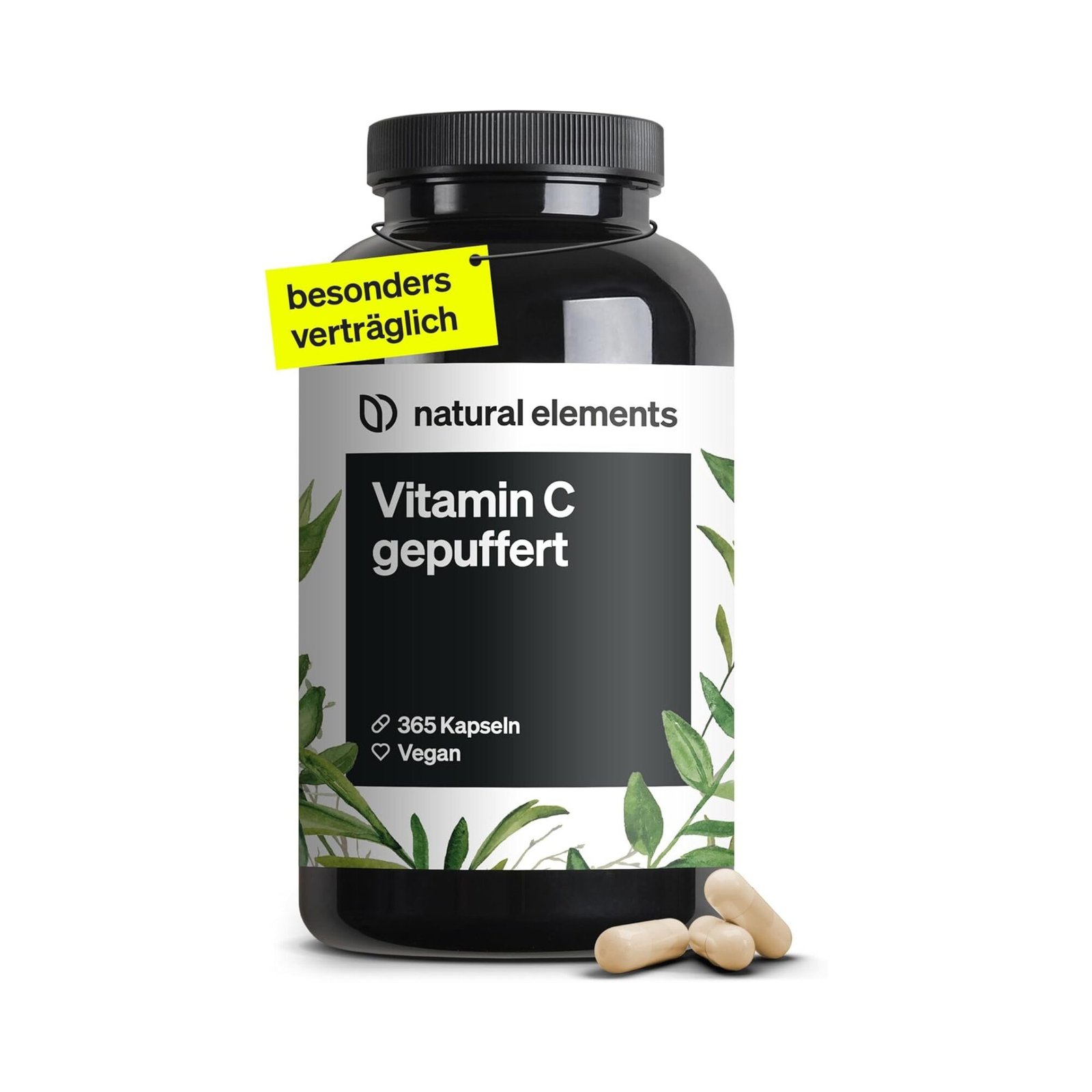 Vitamin C 500mg – 365 Kapseln – Premium Aus pflanzlicher Fermentation & gepuffert 365 Kapseln Vitamin C Kapseln 500 mg gepuffert vegan natural elements
