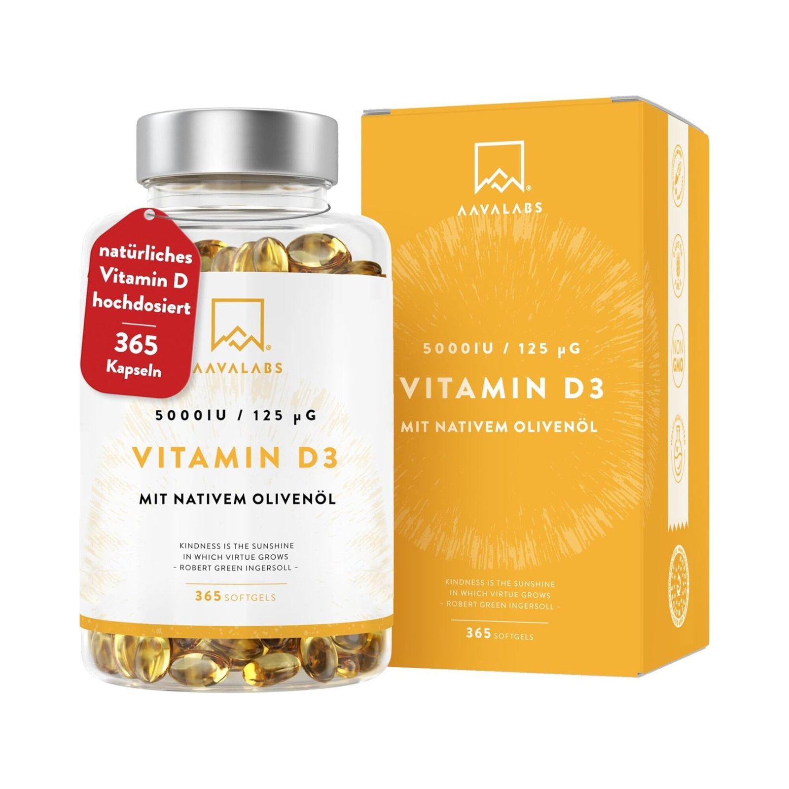 365 Kapseln Vitamin D3 Kapseln 5000 IU hochdosiert glutenfrei AAVALABS