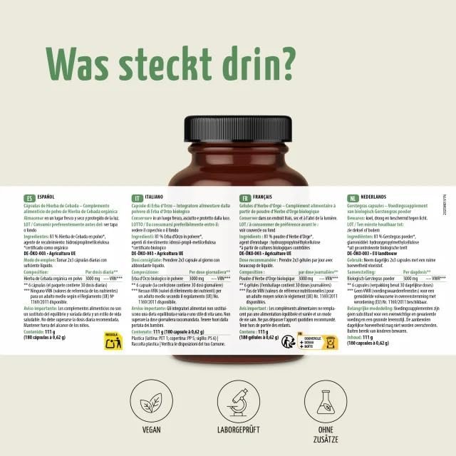 180 Gerstengras Kapseln Bio – 3000 mg pro Tagesdosis, vegan & ohne Zusätze | vom Achterhof