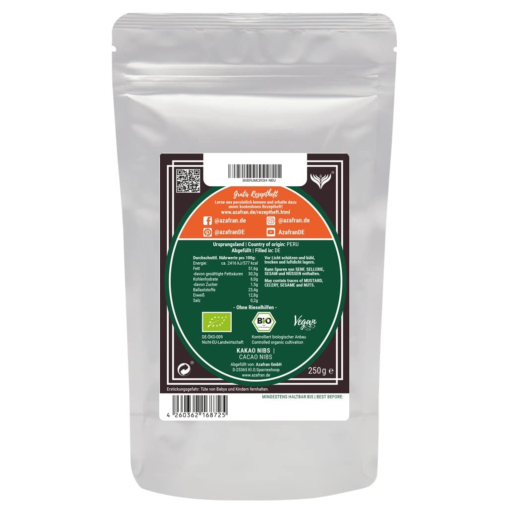 250 g Bio Cacao Nibs roh – Kakaonibs aus ungerösteten Bohnen, naturbelassen | Azafran