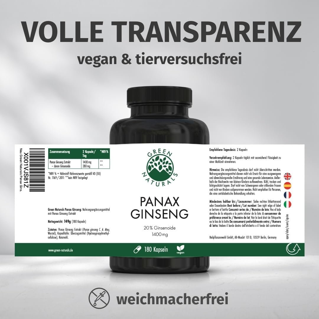 61Jps2rXwSL._AC_SL1080_ Panax Ginseng Extrakt – 2100 mg hochdosiert mit 20 % Ginsenoiden | Green Naturals