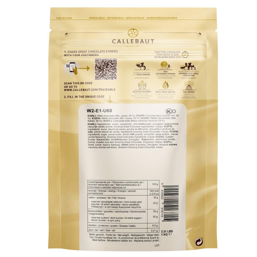1kg Kuvertüre Weiß | 28% Kakao für Glasuren & Pralinen | CALLEBAUT