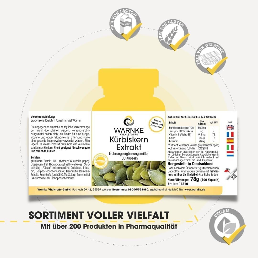 100 Kürbiskernextrakt Kapseln – 500 mg mit Vitamin E & Selen | Warnke Vitalstoffe