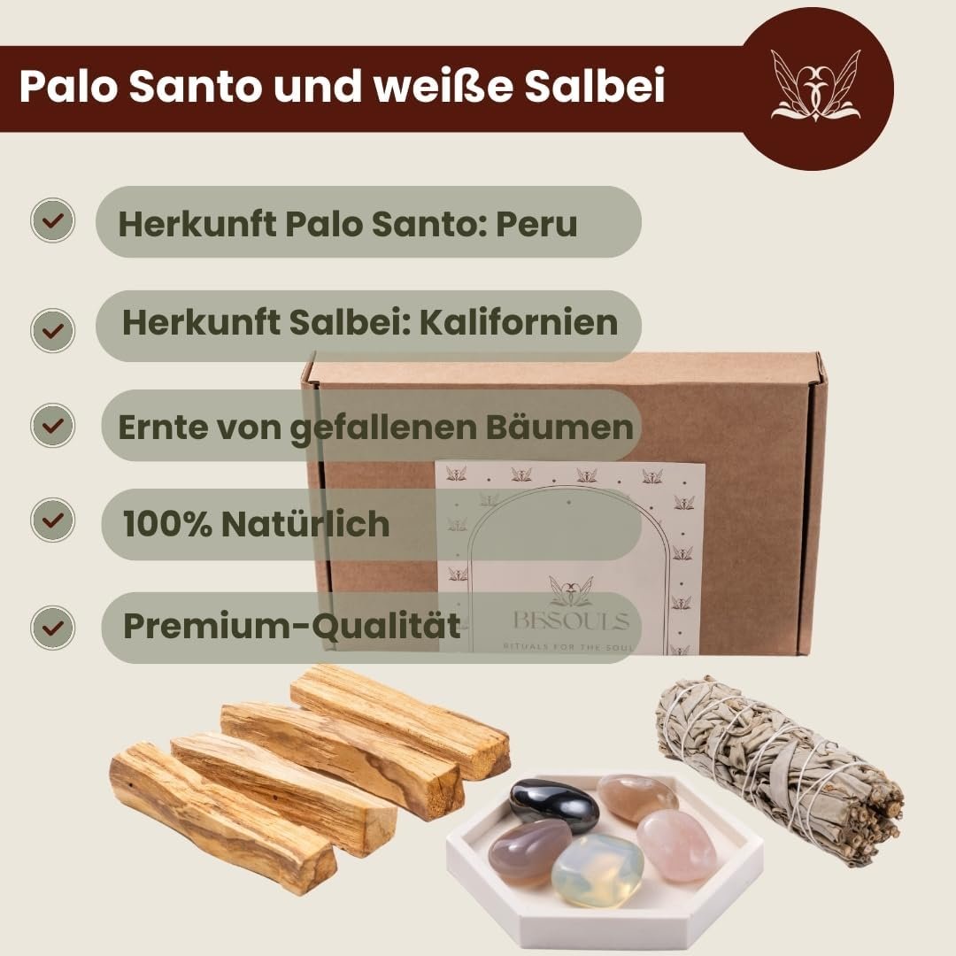 12-teiliges Set Räucherset Neue Anfänge – Weißer Salbei, Palo Santo & Heilsteine | BESOULS
