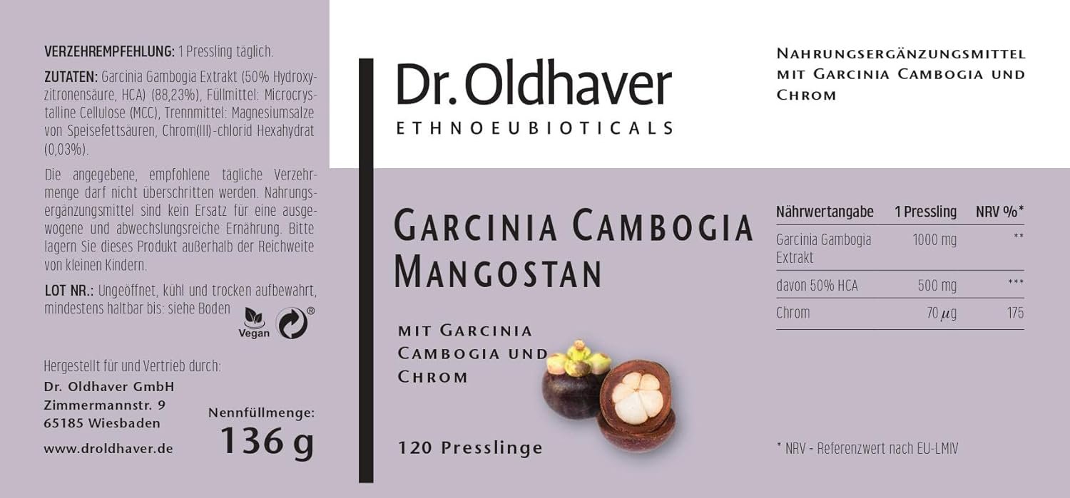 120 Garcinia Cambogia Presslinge – mit Mangostan & Chrom, hochdosiert | Dr. Oldhaver