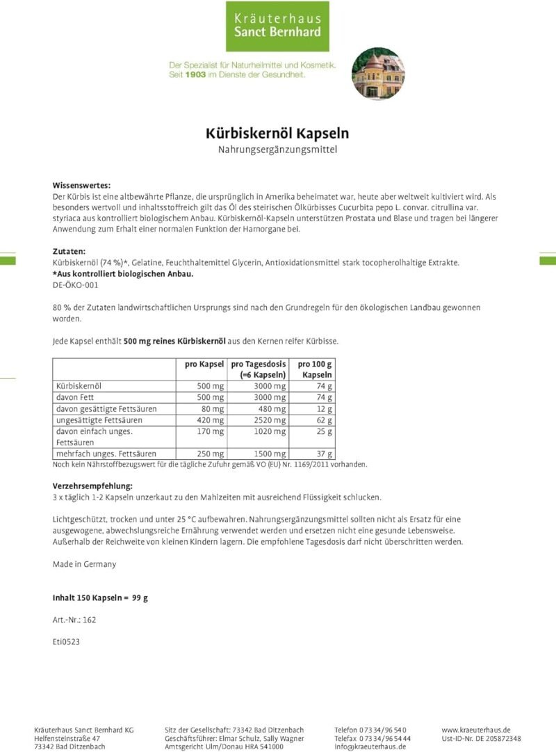150 Kürbiskernöl Kapseln – 500 mg kaltgepresst aus Kürbiskernen | Sanct Bernhard