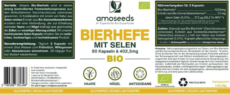 90 Bio Bierhefe Kapseln – mit Selen für Haare & Nägel | Amoseeds
