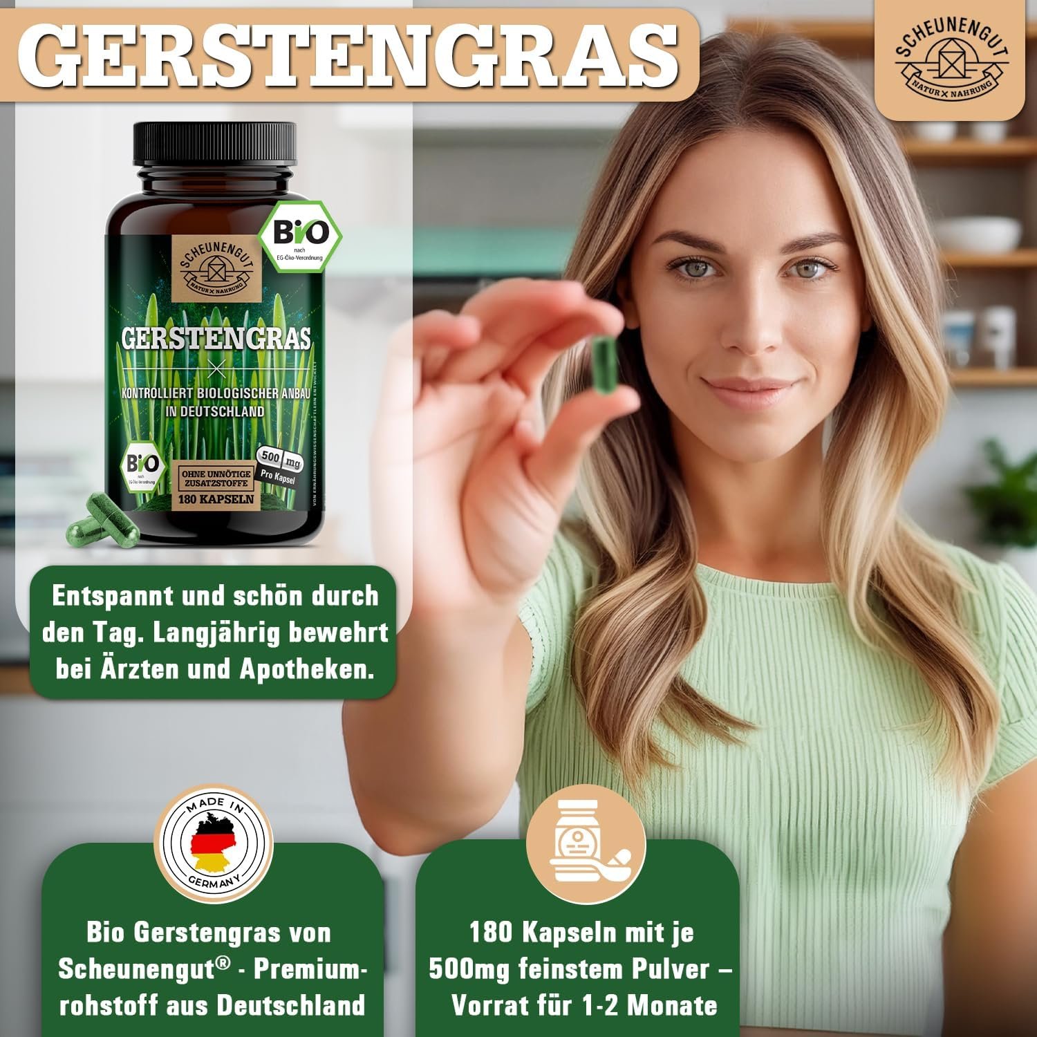 180 Gerstengras Kapseln Bio – 3000 mg Tagesdosis vegan & zertifiziert | SCHEUNENGUT