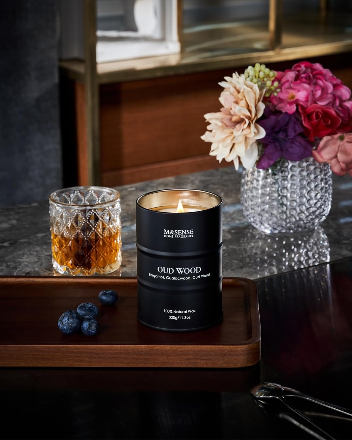 Oud Holz Duftkerze 320g | Natürliche Sojawachskerze mit 70h Brenndauer | M&SENSE