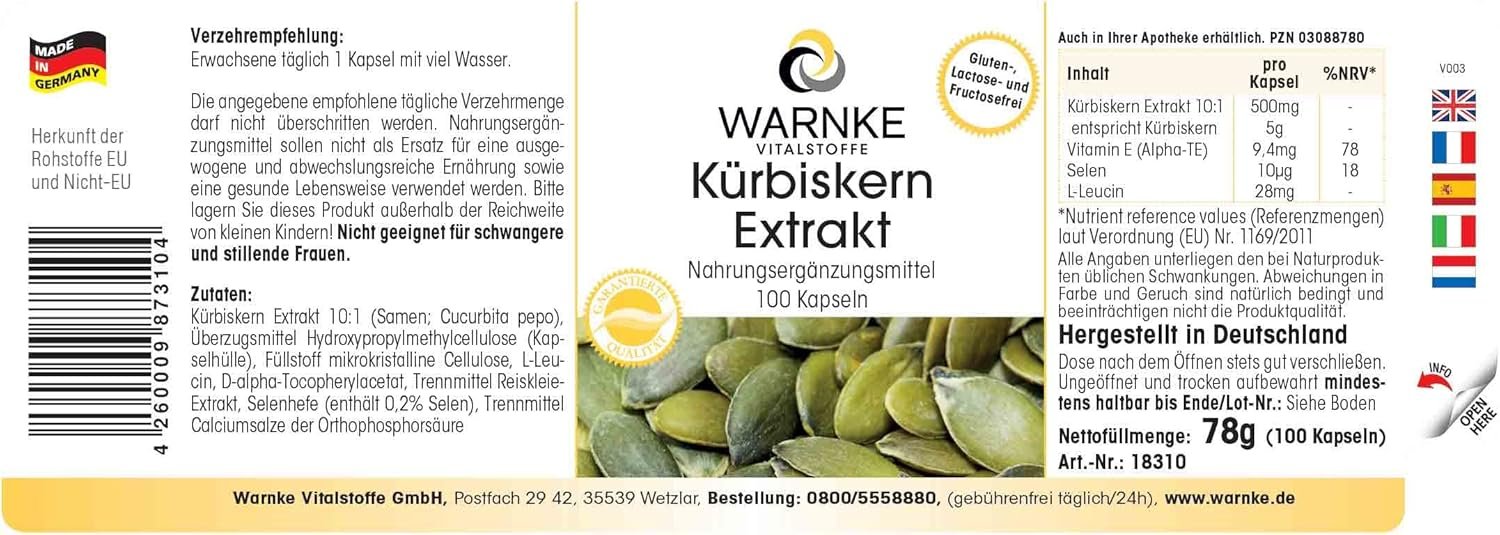 100 Kürbiskernextrakt Kapseln – 500 mg mit Vitamin E & Selen | Warnke Vitalstoffe