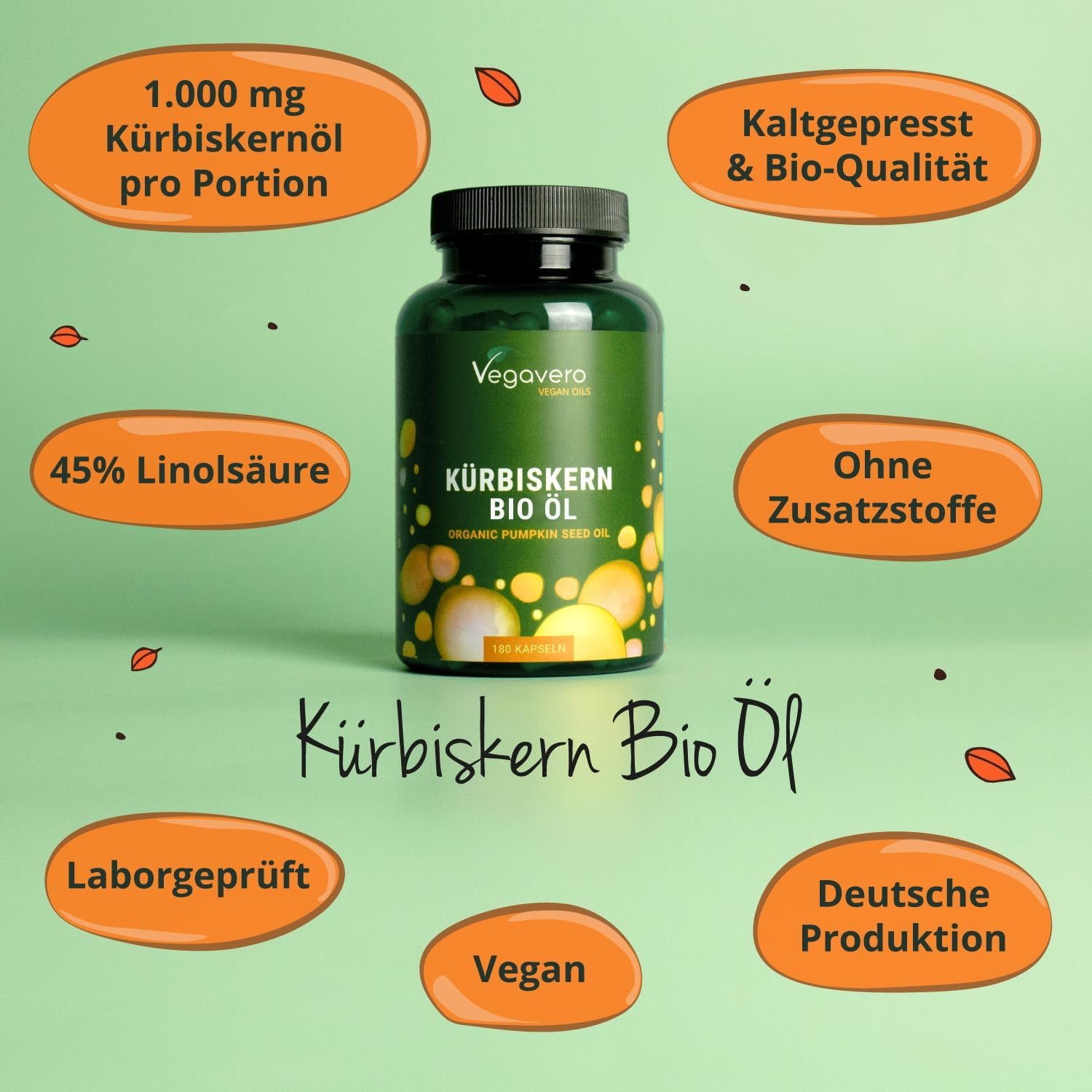 180 Kürbiskernöl Kapseln Bio – kaltgepresst & vegan ohne Zusätze | Vegavero