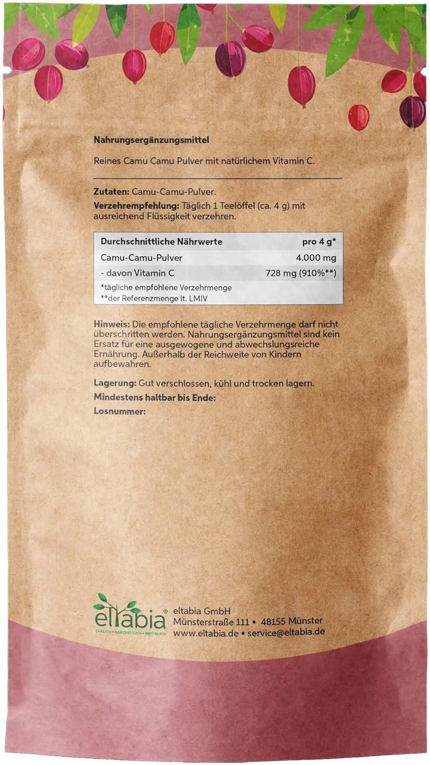 71J5+Cw6-rL._AC_SL1500_ 500g Camu Camu Pulver Bio hochdosiert mit natürlichem Vitamin C | Eltabia