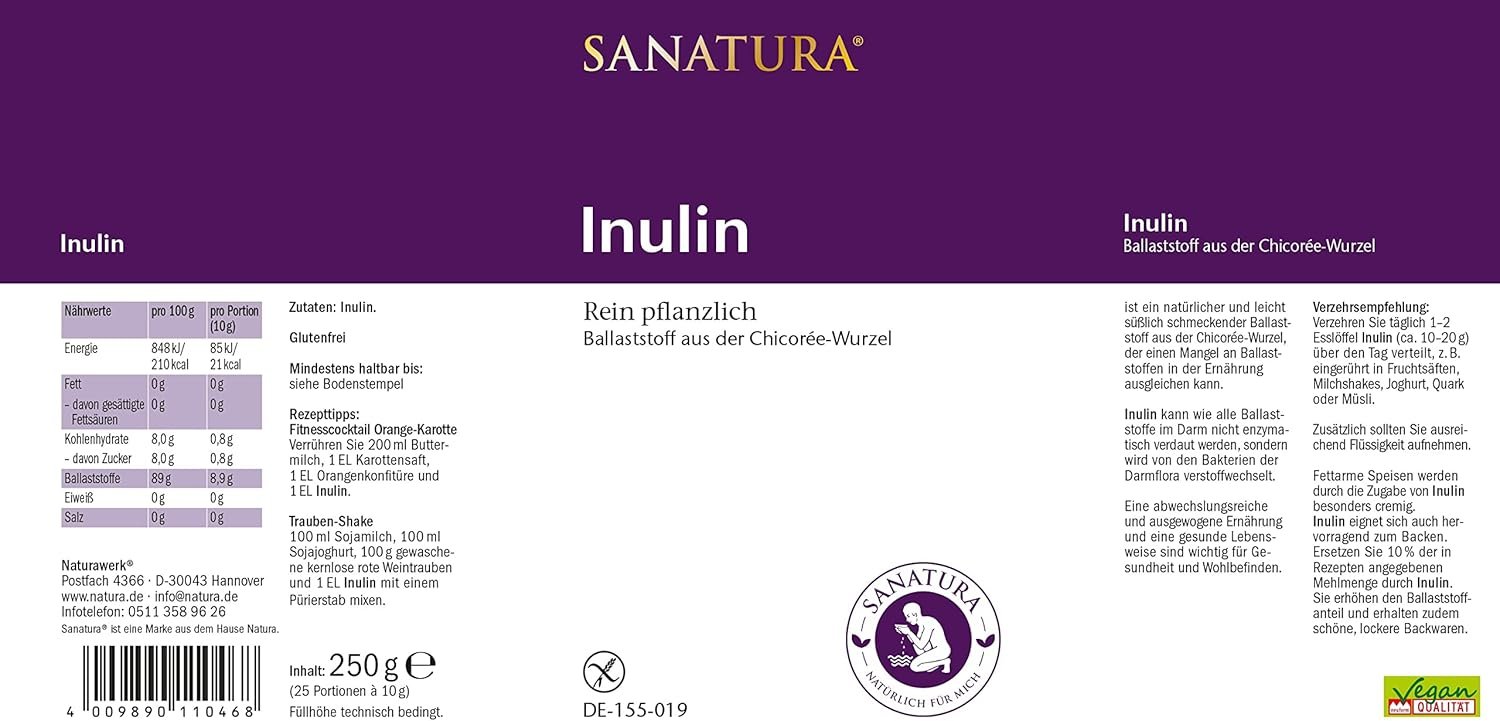250g Inulin Pulver Bio – aus Chicorée-Wurzel, vegan & ballaststoffreich | Sanatura