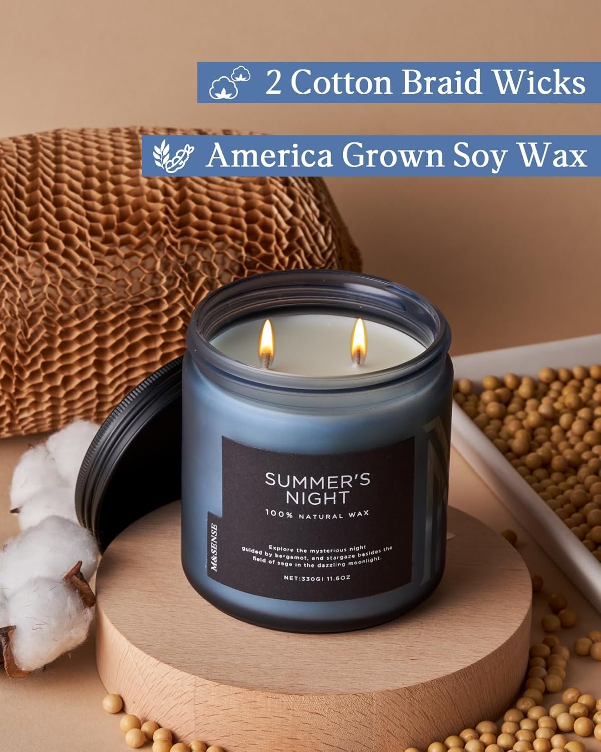 71X77vvHs5L._AC_SL1500_ 330g Sommernacht Duftkerze im Glas | Natürliche Sojakerze mit Patchouli-Duft & 2 Dochten | M&SENSE