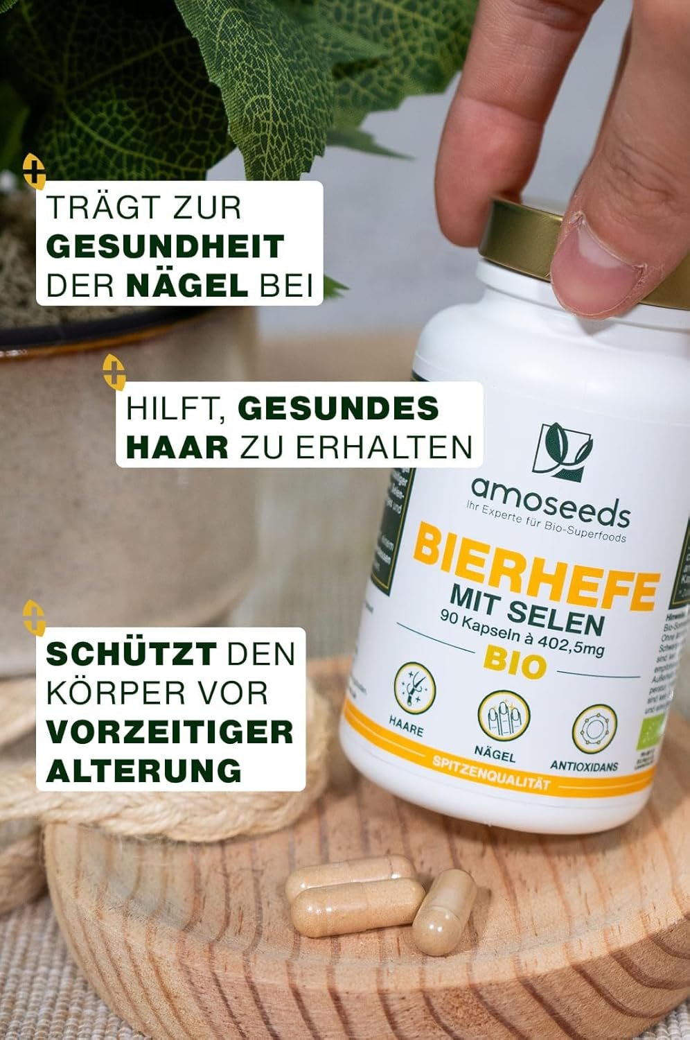 90 Bio Bierhefe Kapseln – mit Selen für Haare & Nägel | Amoseeds
