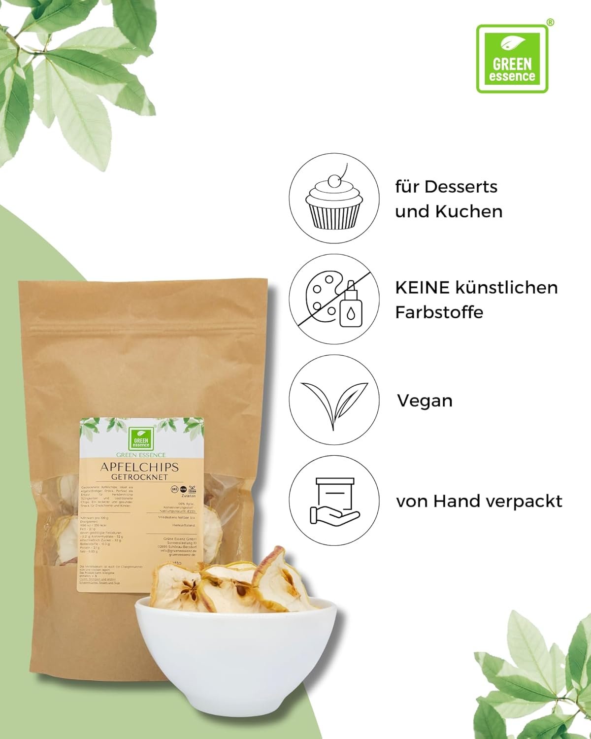 71c5tz1Ua2L._SL1500_ Apfel Chips 500g – Ungezuckert & naturbelassen für gesunden Snack | Green Essence