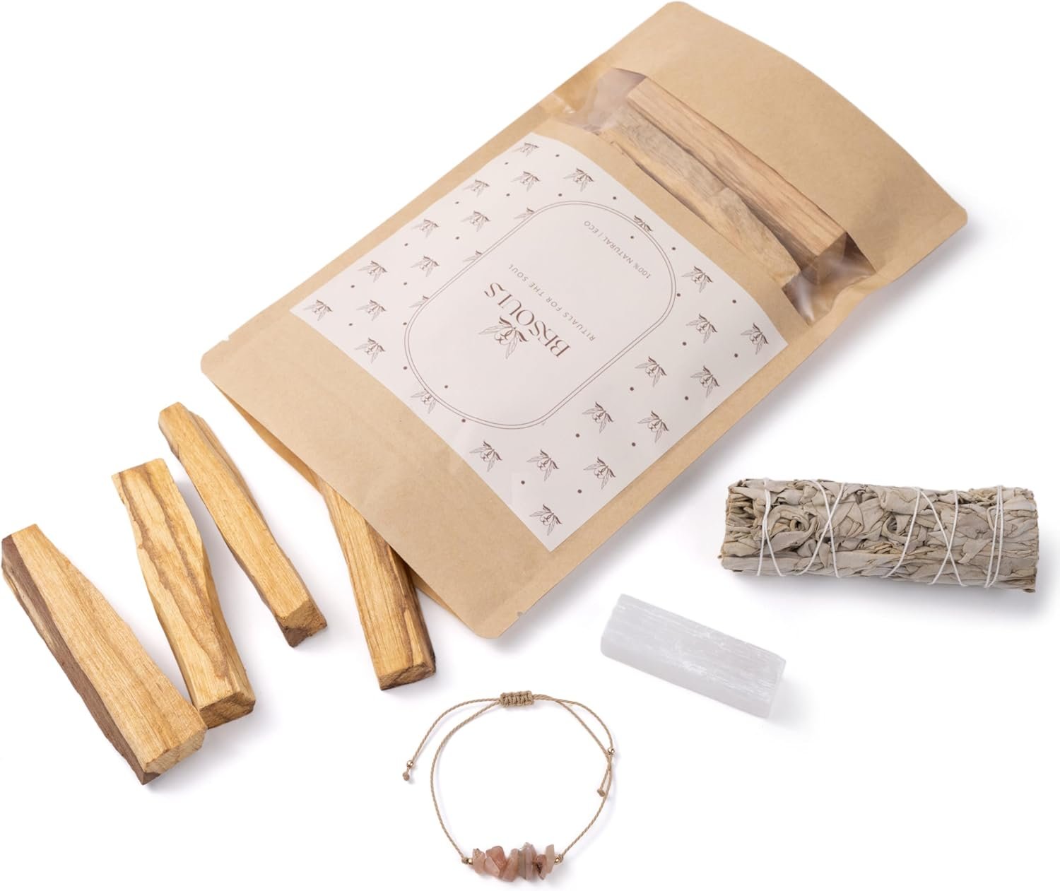 12-teiliges Set Räucherset Hausreinigung – Weißer Salbei, Palo Santo & Selenit Armband | BESOULS