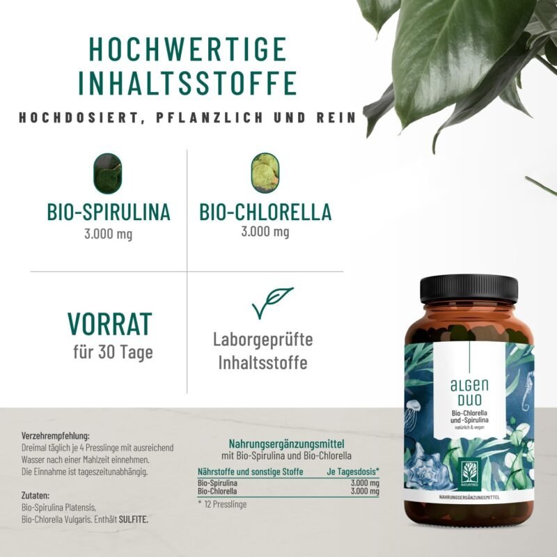 360 Spirulina Chlorella Presslinge – 6000 mg Bio-Algen pro Tag | NATURTREU