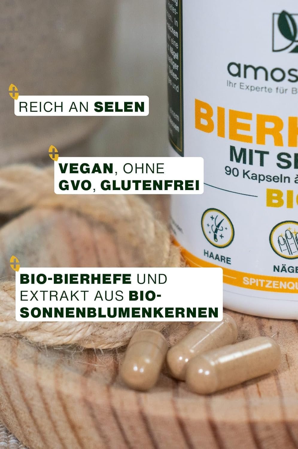 90 Bio Bierhefe Kapseln – mit Selen für Haare & Nägel | Amoseeds
