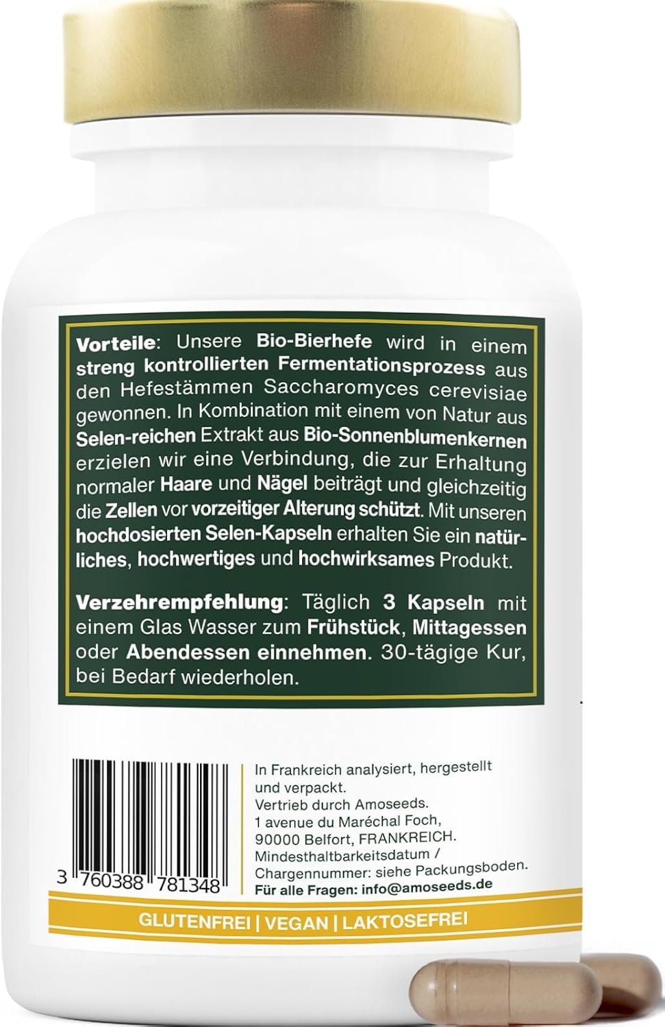 90 Bio Bierhefe Kapseln – mit Selen für Haare & Nägel | Amoseeds