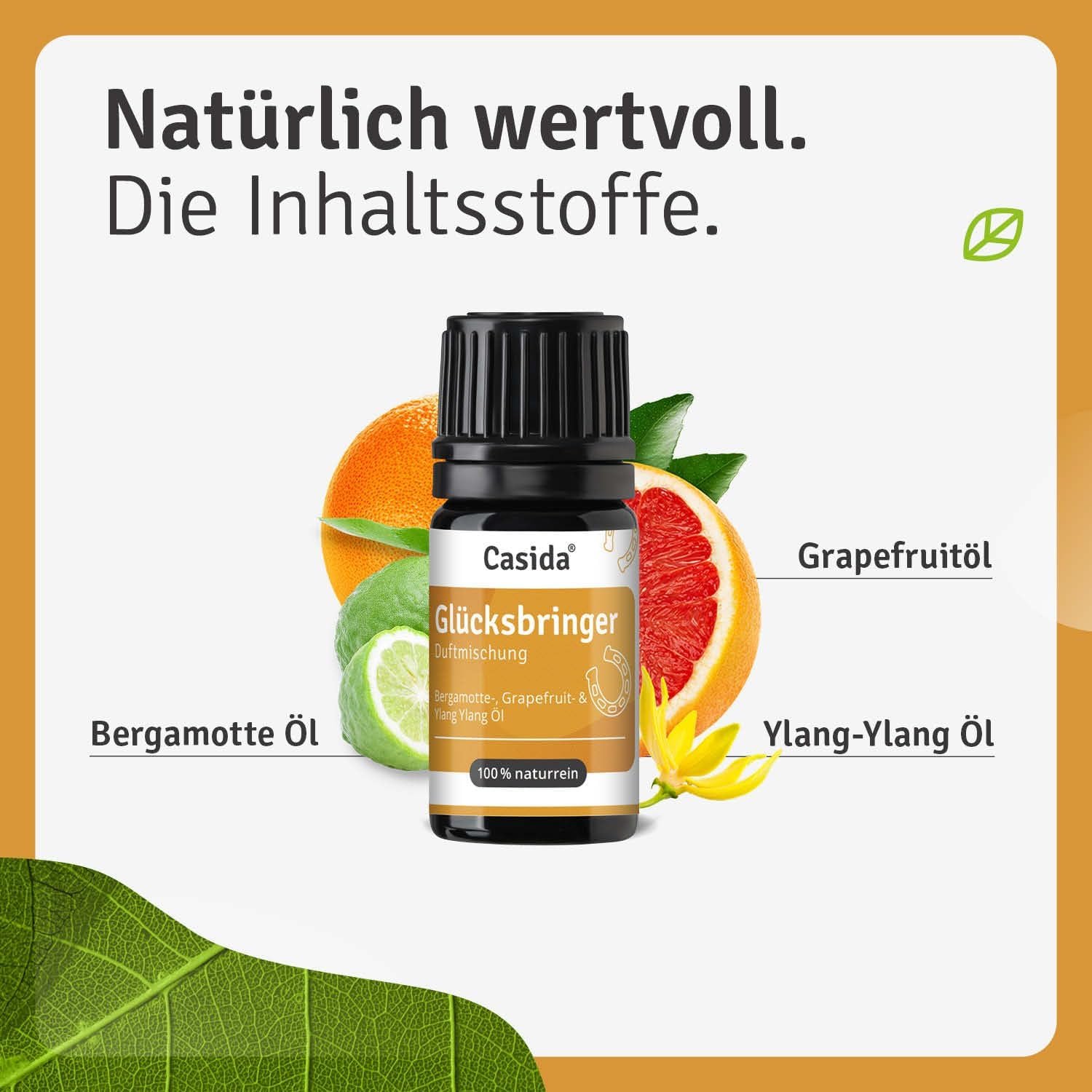 71vMLg3GB0L._AC_SL1500_ 5 ml Glücksbringer Duftmischung | Ätherische Öle für Energie & Frische | Casida
