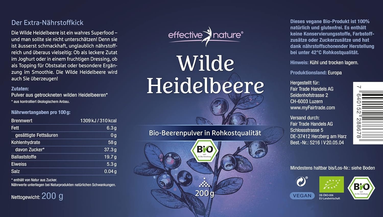 200g Wilde Heidelbeeren Bio Pulver – roh & antioxidativ | Effective Nature