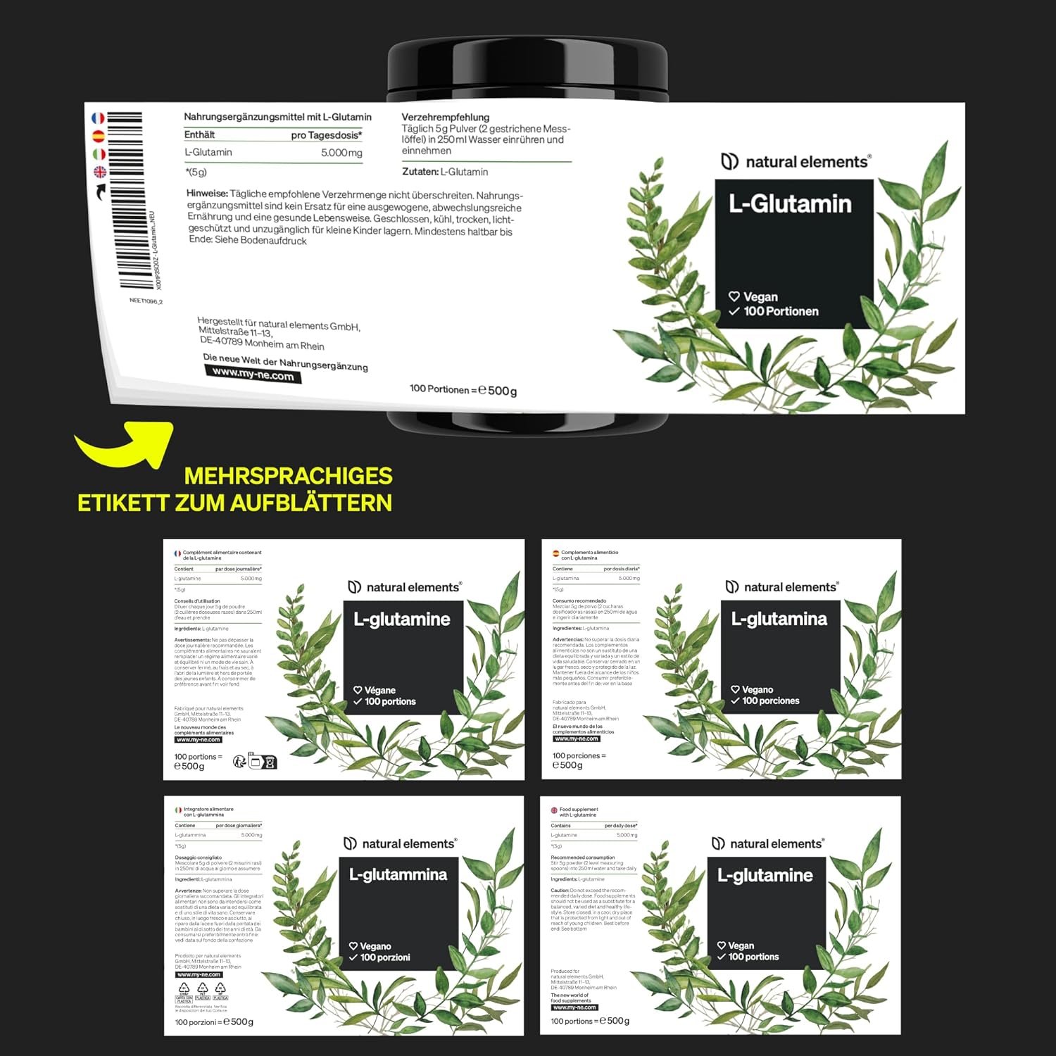 500g L-Glutamin Pulver – Reines veganes Aminosäurepulver ohne Zusätze | Natural Elements