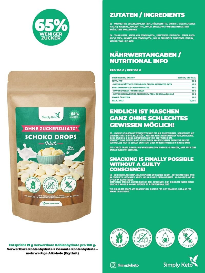 200g Weiße Schokodrops ohne Zuckerzusatz | Simply Keto