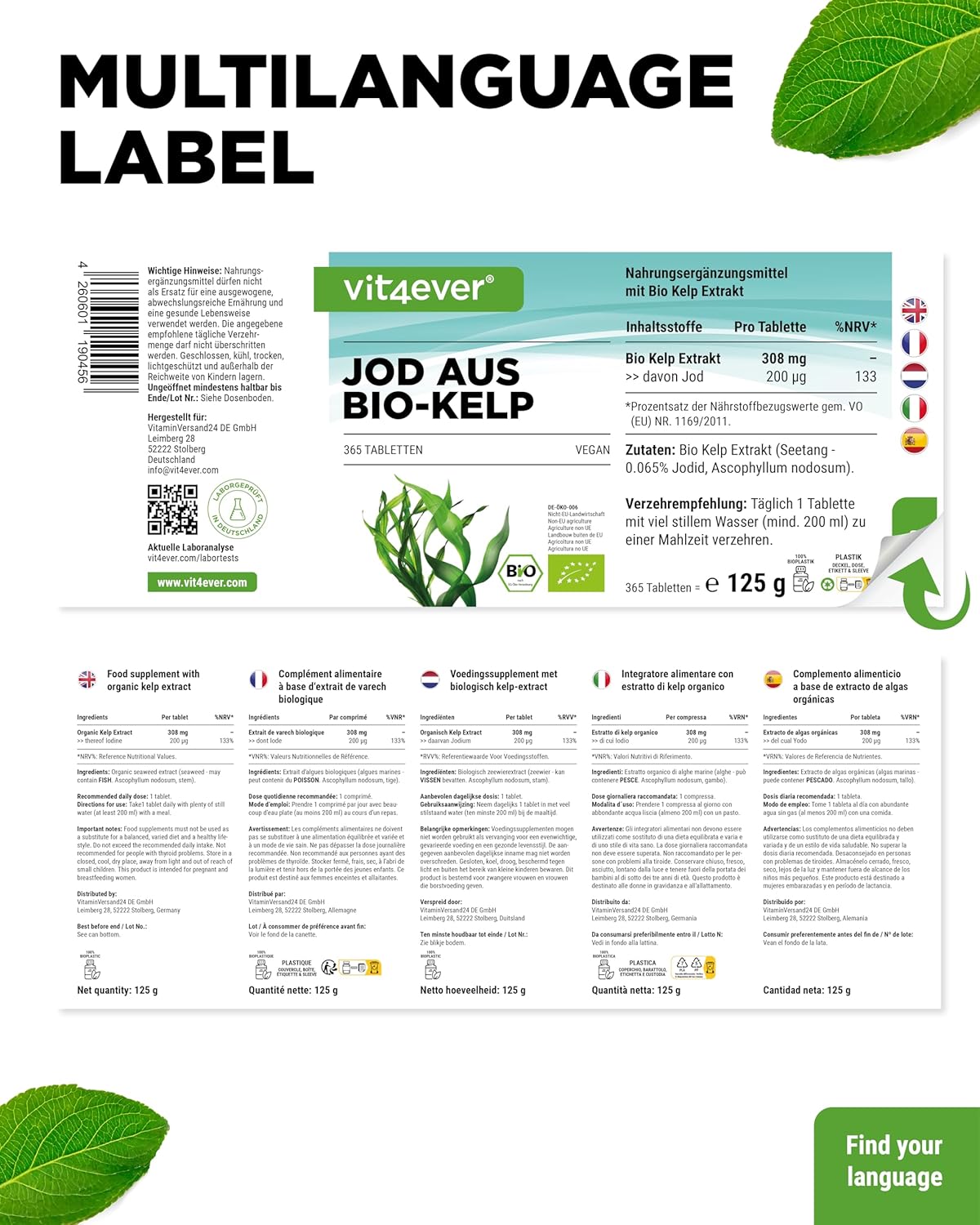 365 Bio Kelp Jod Tabletten – 200 µg natürliches Jod aus Braunalgen, vegan & hochdosiert | Vit4ever