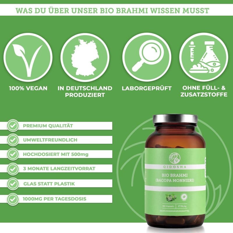 180 Kapseln Brahmi Kapseln Bio hochdosiert ayurvedisch vegan | QIDOSHA