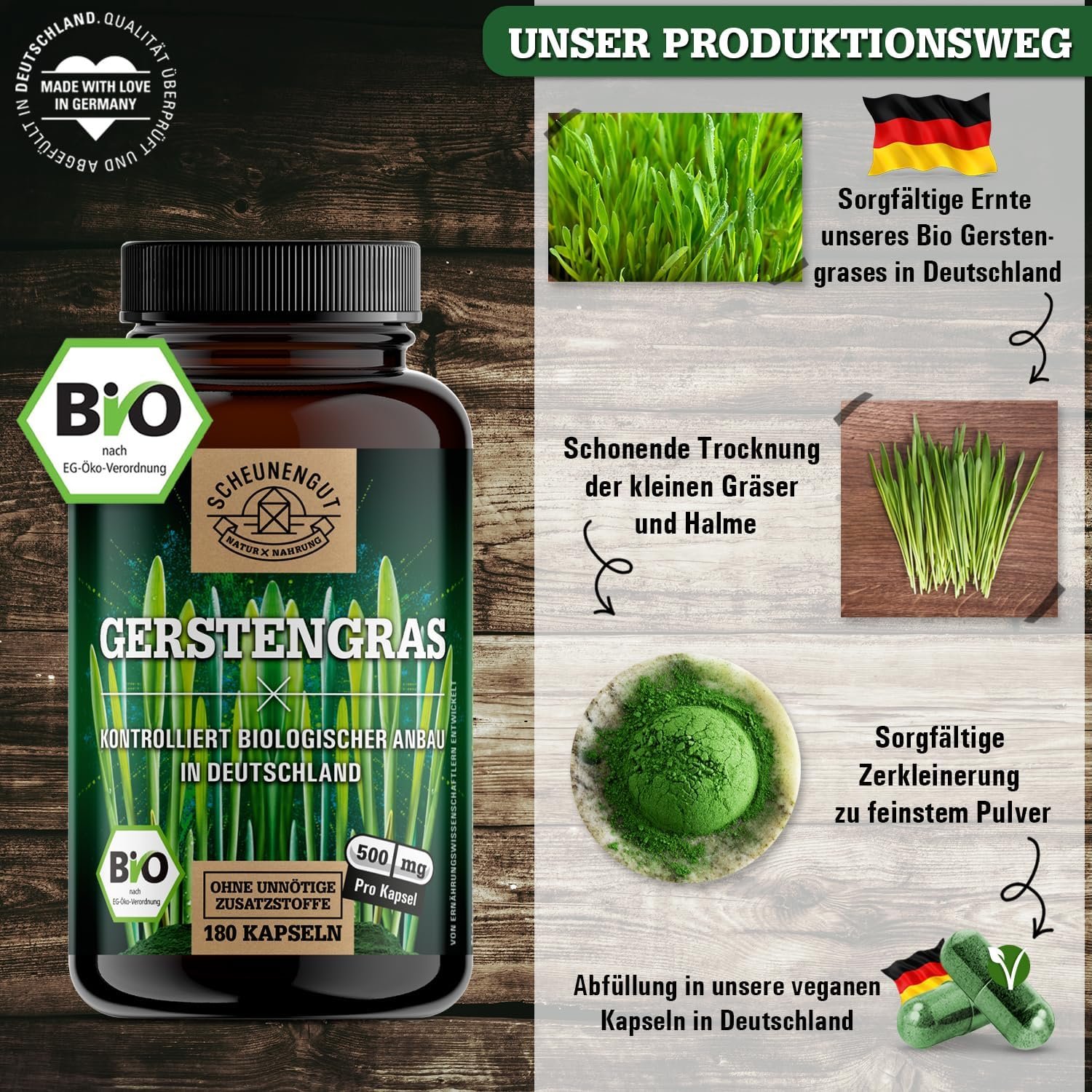 180 Gerstengras Kapseln Bio – 3000 mg Tagesdosis vegan & zertifiziert | SCHEUNENGUT