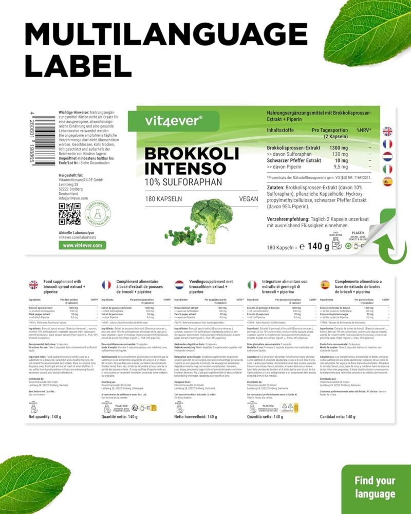 180 Kapseln Brokkoli Extrakt Kapseln hochdosiert mit 10 % Sulforaphan | Vit4ever