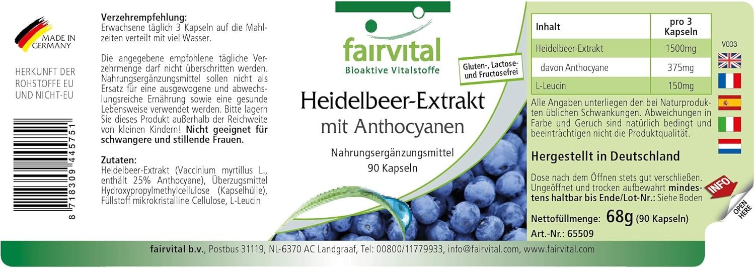 90 Heidelbeer Extrakt Kapseln – 25 % Anthocyane hochdosiert & vegan | Fairvital