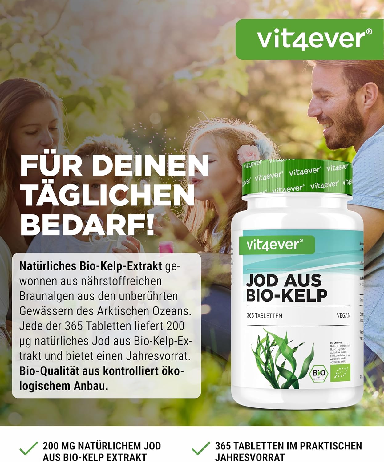 365 Bio Kelp Jod Tabletten – 200 µg natürliches Jod aus Braunalgen, vegan & hochdosiert | Vit4ever