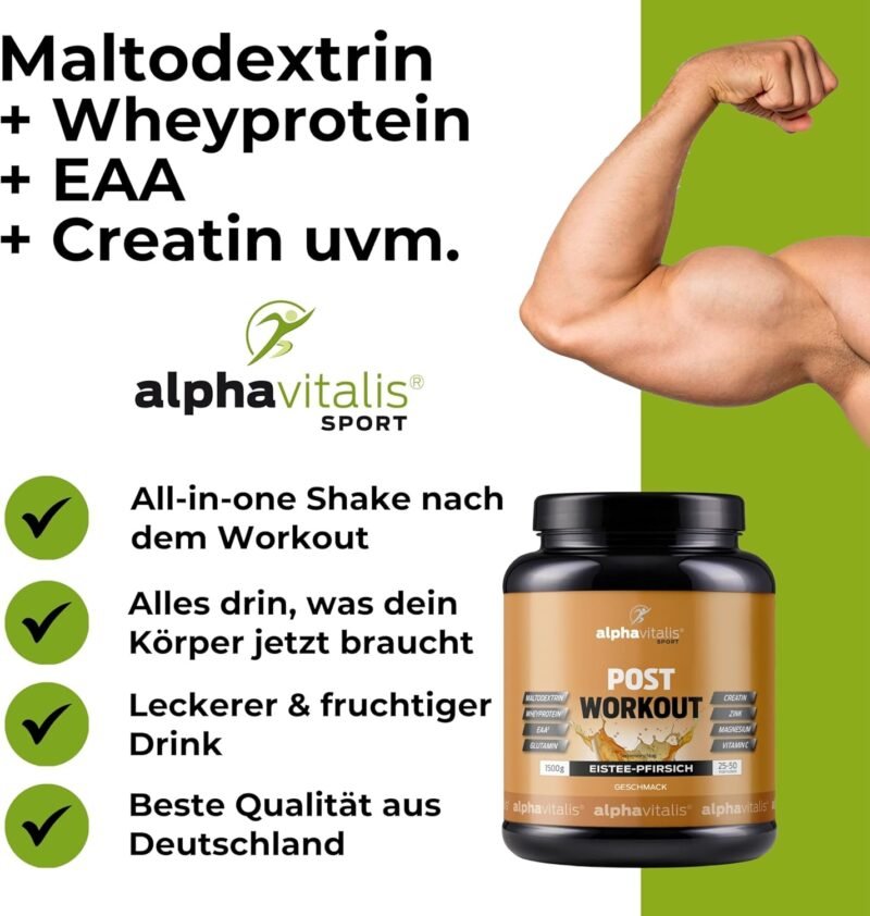 1500 g Post Workout Shake Eistee Pfirsich – mit EAA, Whey & Creatin | Alphavitalis