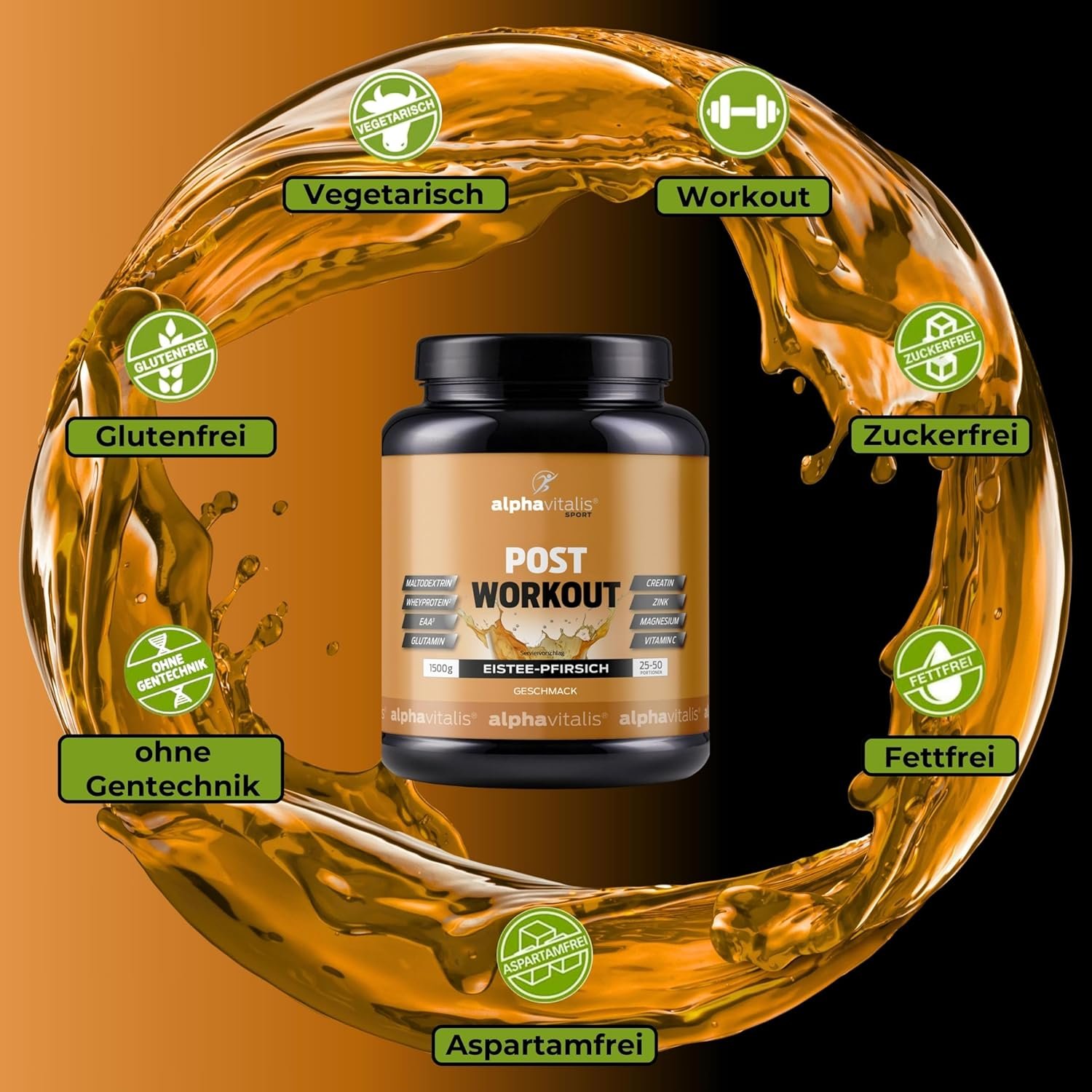 81Ees--lQIL._AC_SL1500_ 1500 g Post Workout Shake Eistee Pfirsich – mit EAA, Whey & Creatin | Alphavitalis