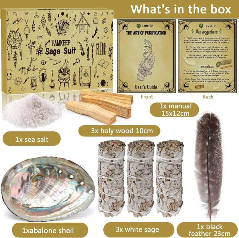Räucherset Weißer Salbei – 3x Salbeibündel, Palo Santo & Abalone-Muschel | FAMKEEP