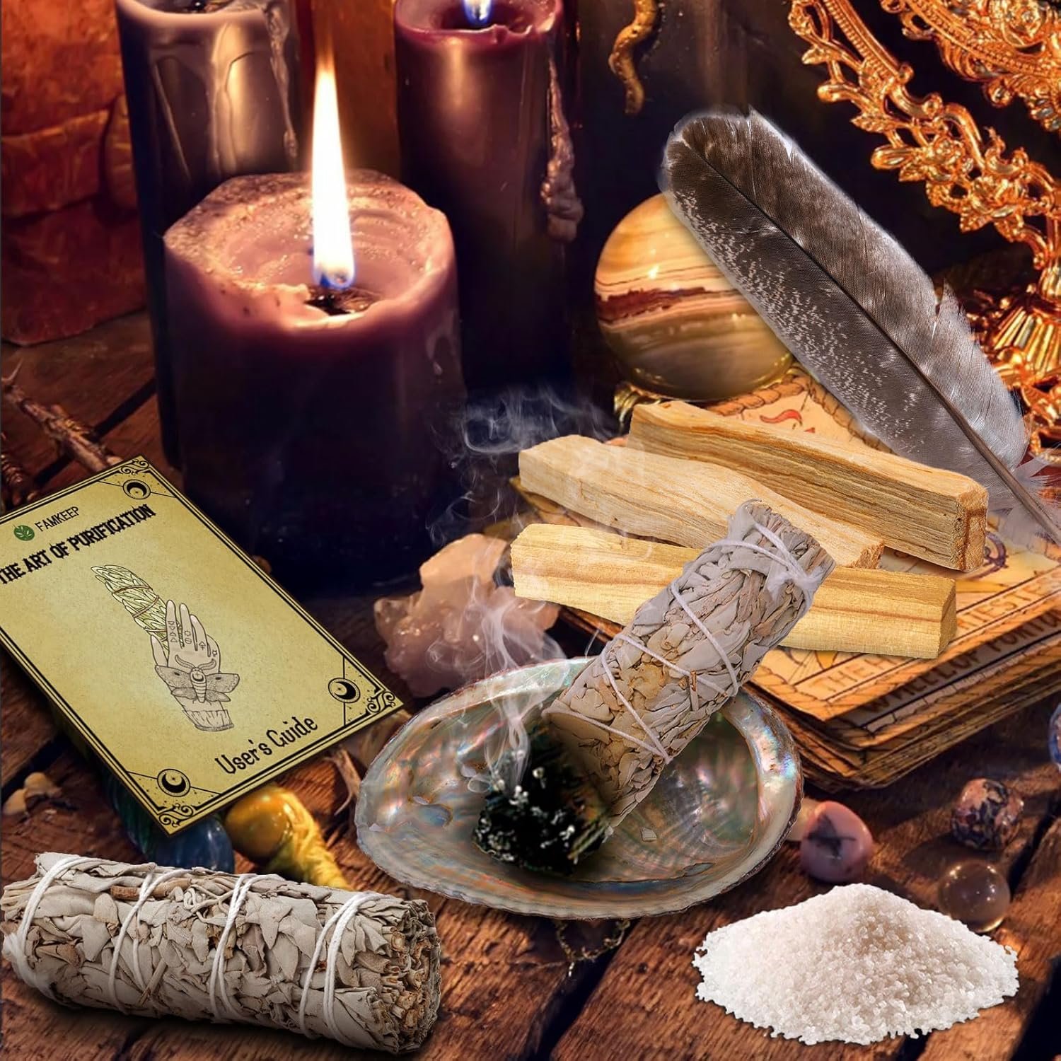 Räucherset Weißer Salbei – 3x Salbeibündel, Palo Santo & Abalone-Muschel | FAMKEEP